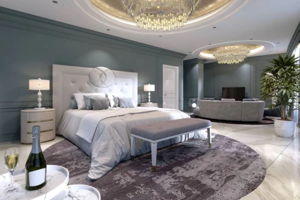Luxury Presidential Suite Bedroom Large Bed Living Room Sofa Stand — Stock Photo, Image
